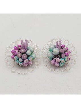 Western Germany Clip-On Earrings Pastel Floral Beaded Lavender & Aqua Gold-Tone
